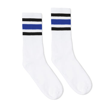 White athletic socks with black and blue stripes on the leg. Made for men, women and children. Crew Sock Length.