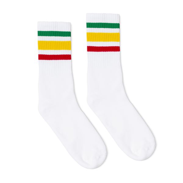 White athletic socks with one red, green and yellow stripe for men, women and kids.