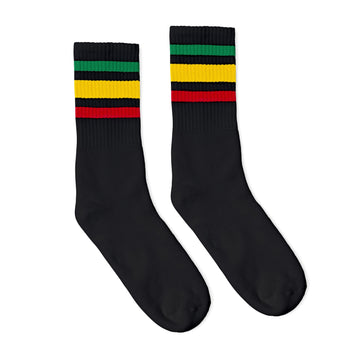 Black athletic socks with one red, green and yellow stripe for men, women and kids.