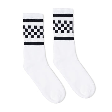 White athletic socks with two black stripes and checkers in between on the Leg. For men, women and kids. Crew Sock Length.