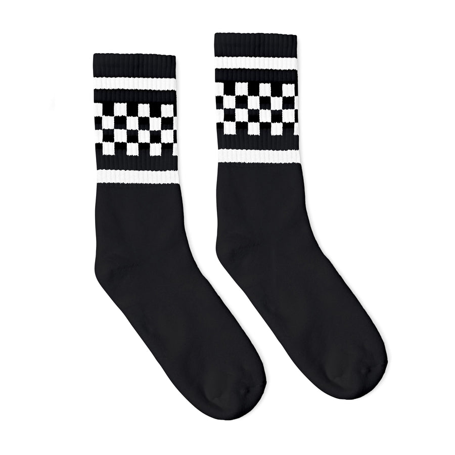Black athletic socks with two white stripes and checkers in between. For men, women and kids.