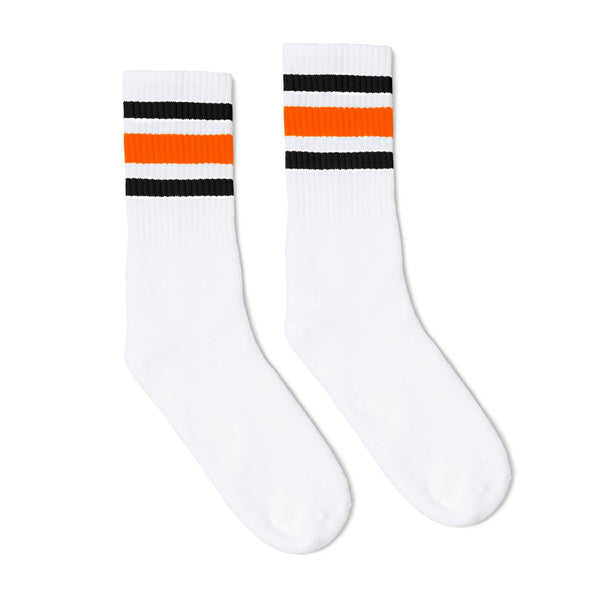 White athletic socks with black and orange stripes on the leg. Made for men, women and children. Crew Sock Length.