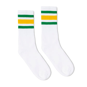 White athletic socks with green and gold stripes for men, women and children.