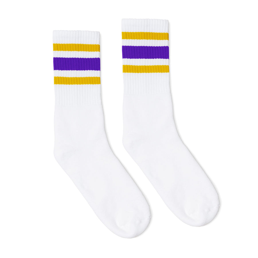 White athletic socks with purple and gold stripes for men, women and children.