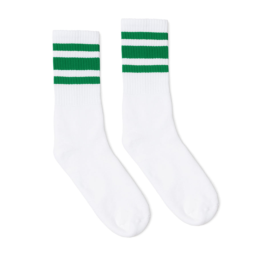 White athletic socks with three green stripes for men, women and children.