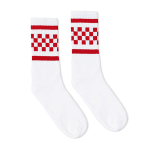 White athletic socks with two red stripes and checkers in between. For men, women and kids.