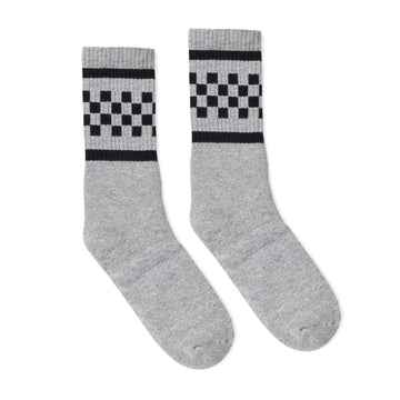 Heather grey athletic socks with two black stripes and checkers in between. For men, women and kids.