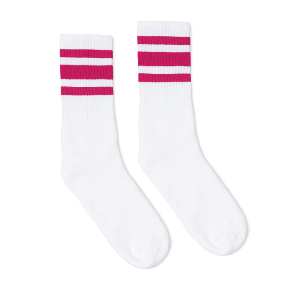 White athletic socks with three fuchsia stripes. Crew Length socks for men, women and children.