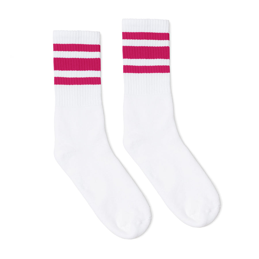 White athletic socks with three fuchsia stripes for men, women and children.