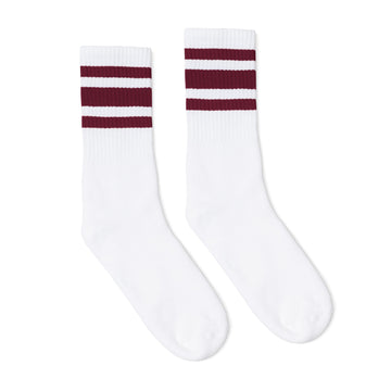 White athletic socks with three maroon stripes for men, women and kids.