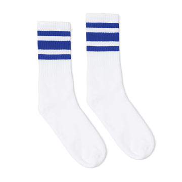 White athletic socks with three royal blue stripes for men, women and kids.