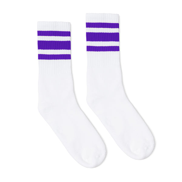 White athletic socks with three purple stripes for men, women and kids.