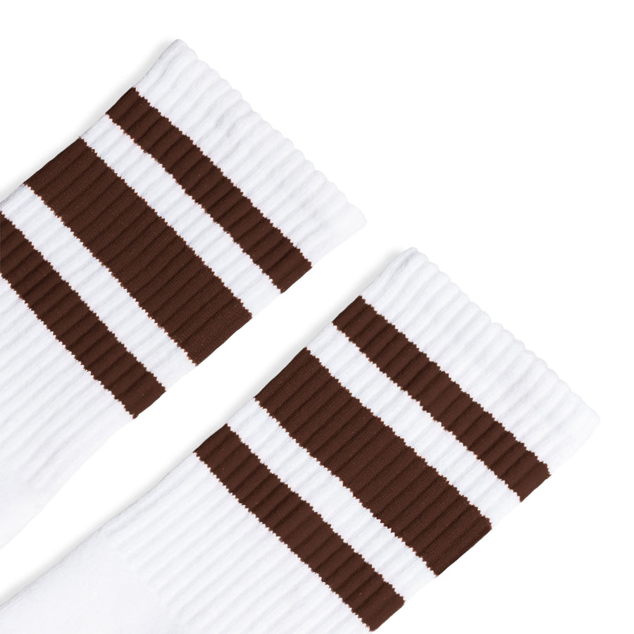 White athletic socks with 3 brown stripes on the leg. For men, women and kids. Crew Sock Length.