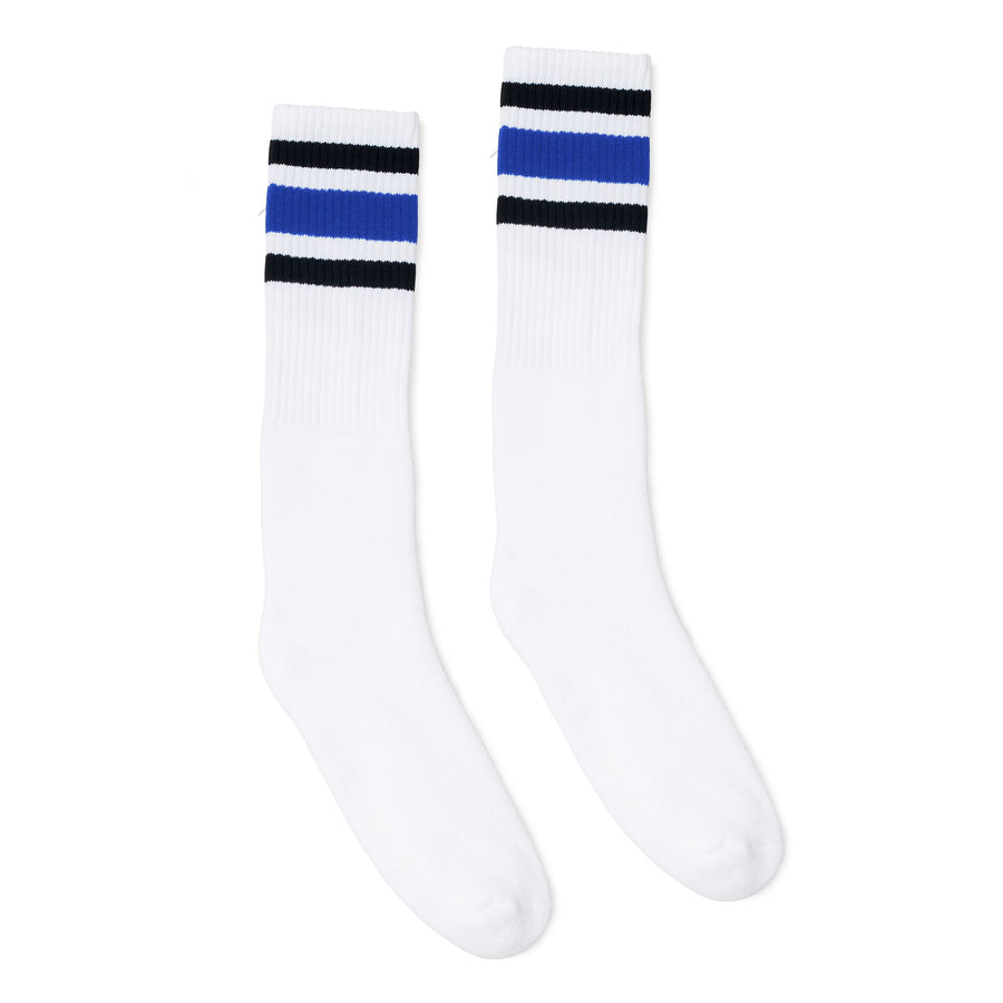 White athletic socks with black and blue stripes on the leg. Made for men, women and children. Knee High Sock Length.