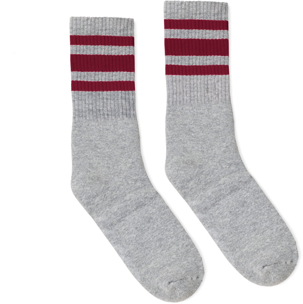 Heather Grey Athletic Crew Length Socks with 3 Maroon Stripes for Men, Women, or Kids.