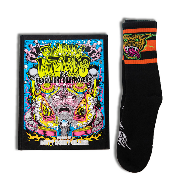 SOCCO x Dirty Donny Cougar Socks. Black Crew socks with three red stripes on the leg; on top of the stripes on the outside of the leg is a 70s style Cheetah head with it's mouth open, teeth bared, and tongue hanging out. The Cheetah is outlined in Acid Green. Dirty Donny Logo Signature on the top of the foot is in white.