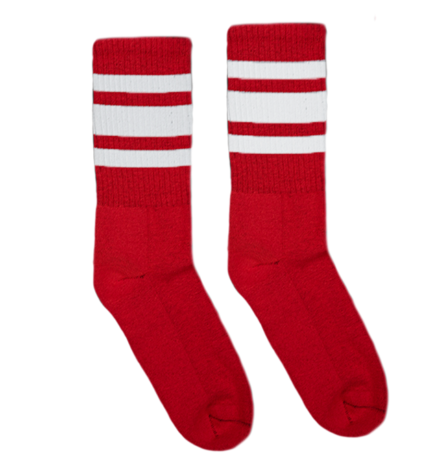Red SOCCO socks with white stripes