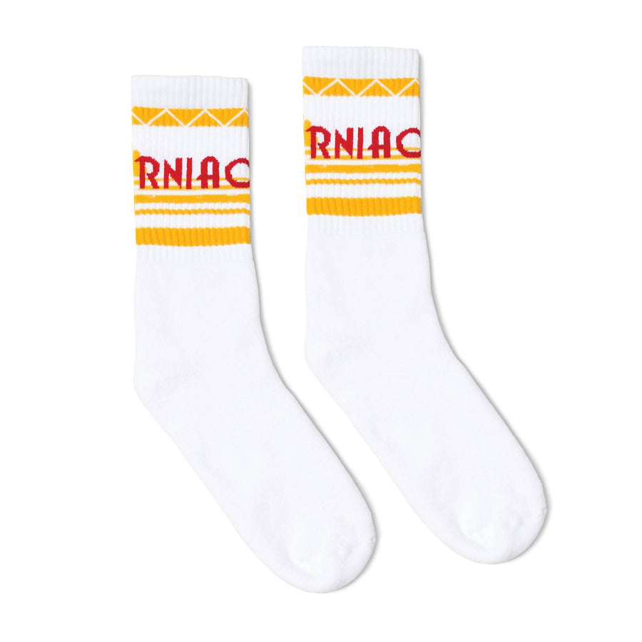 White athletic socks with California text in red and yellow stripes. For men, women and kids.