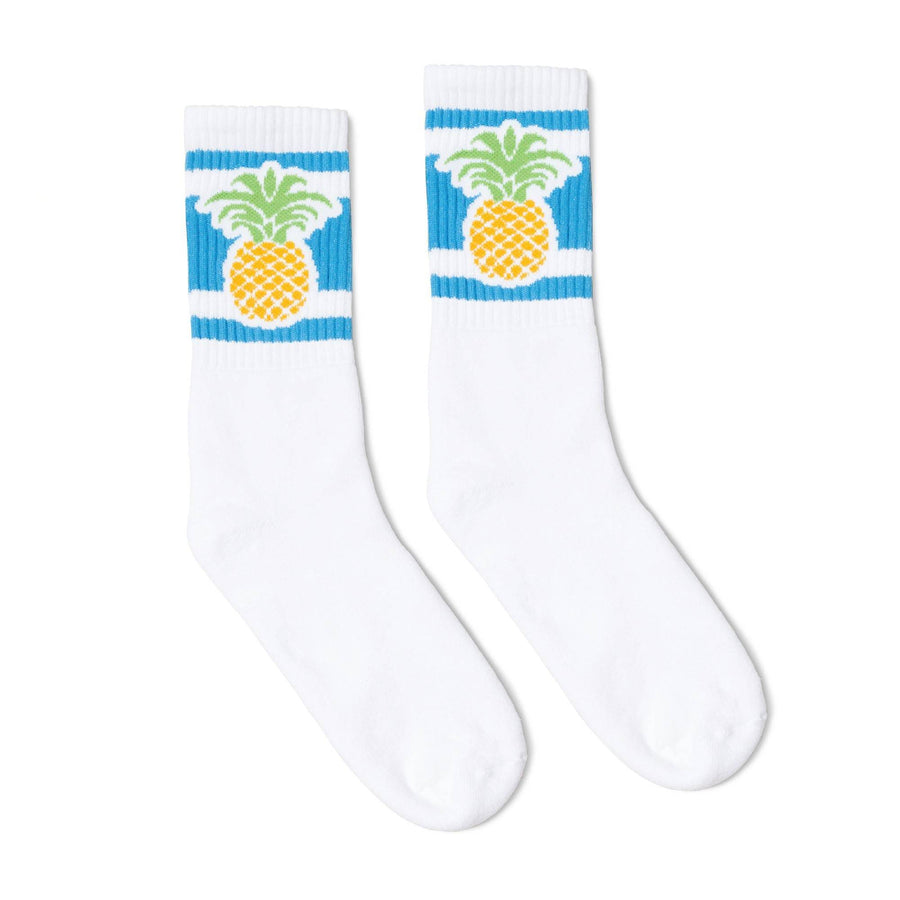 White socks with blue stripes and a pineapple image for men, women and kids.