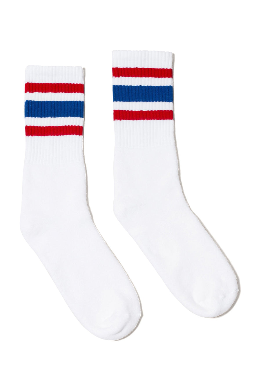 White Crew Sock with a Red Stripe, Blue Stripe, Red Stripe Pattern on the leg.