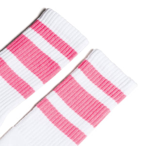 White athletic socks with three pink stripes for men, women and kids.