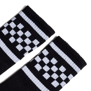 Black athletic socks with two white stripes and checkers in between. For men, women and kids.
