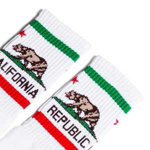 White athletic socks with a California bear logo in white, brown, red and green. Socks for men, women and children. Crew Length.