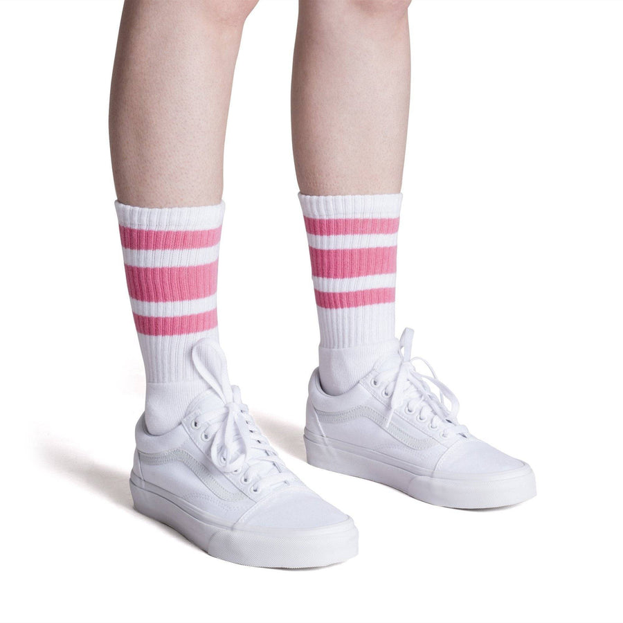 White athletic socks with three pink stripes for men, women and kids.