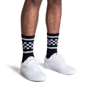 Black athletic socks with two white stripes and checkers in between. For men, women and kids.