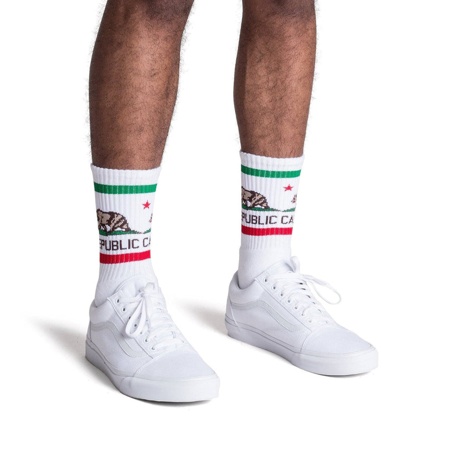 White athletic socks with a California bear logo in white, brown, red and green. Socks for men, women and children. Crew Length.