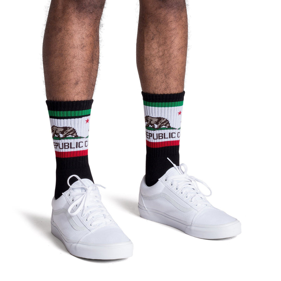 Black athletic socks with a California bear logo in white, brown, red and green. Socks for men, women and children.