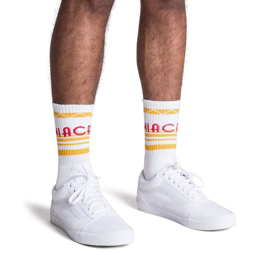 White athletic socks with California text in red and yellow stripes. For men, women and kids.