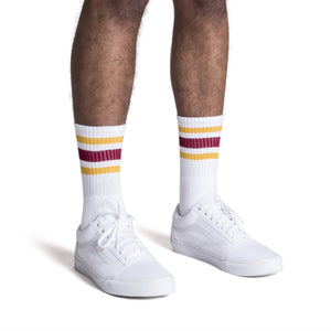 White athletic Crew Length socks with gold and crimson stripes for men, women and children.