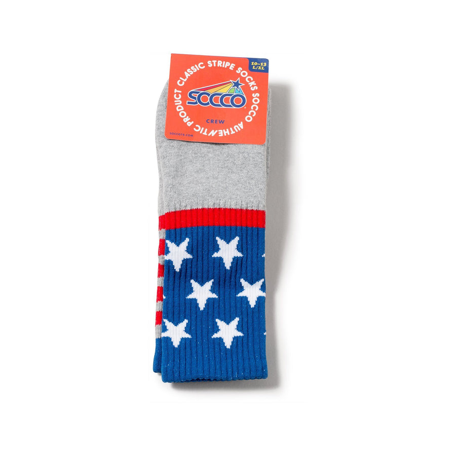 Heather Grey crew socks with American flag decorations with red stripes and white stars on a blue background for men, women and children.