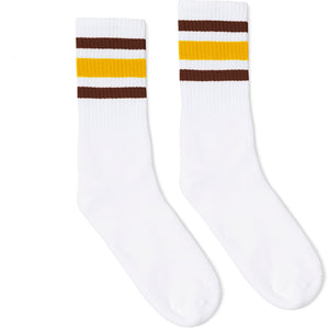 White athletic socks with 3 stripes on the leg in brown, gold, and brown. For men, women and kids. Crew Sock Length.